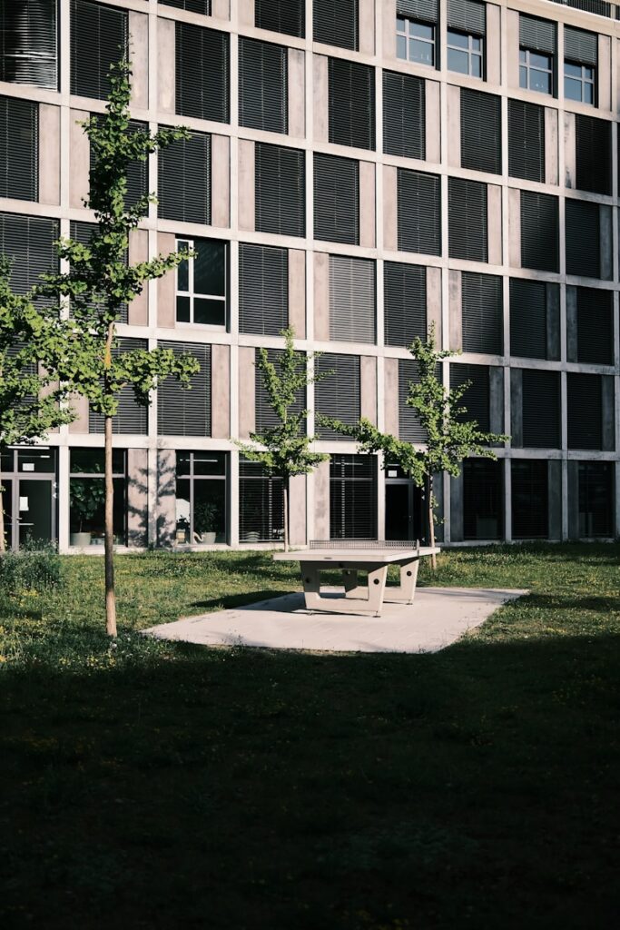 a building with a bench in front